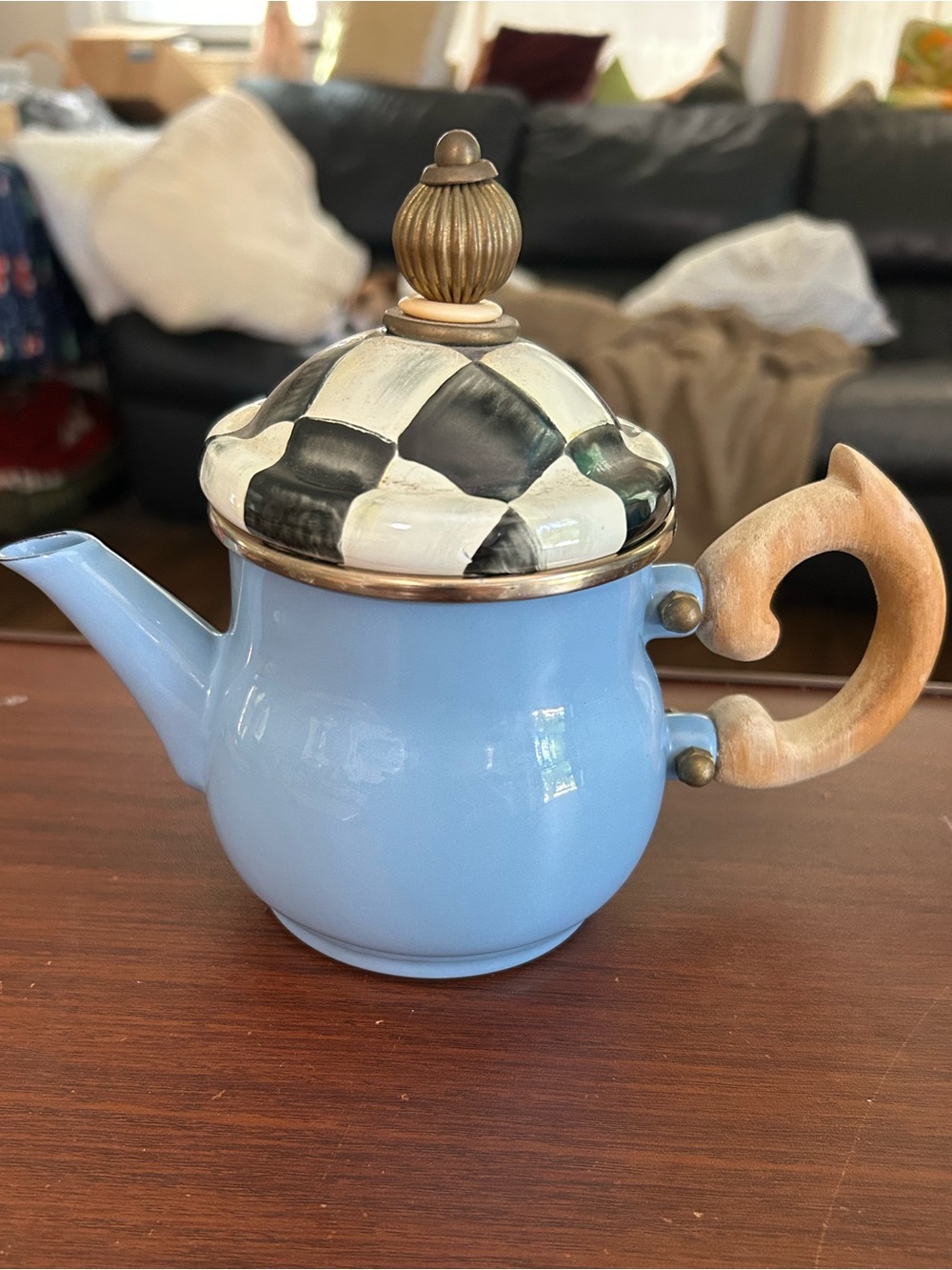Vintage McKenzie child blue enamel creamer with Courtly check lid, part of set